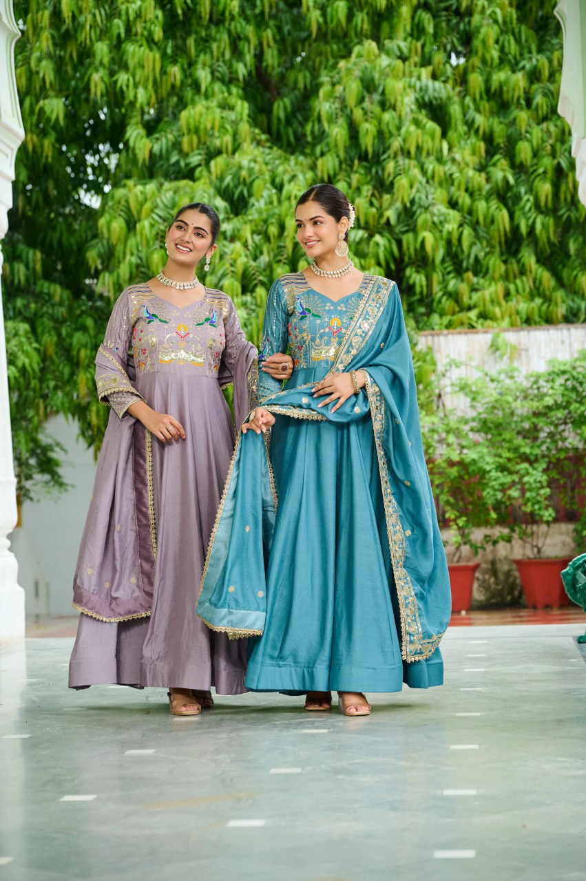 Graceful Sequins & Zari Embroidered Vichitra Silk Gown