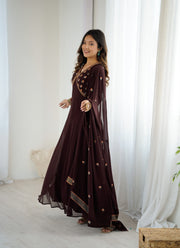 Dark Brown Embroidered Anarkali Suit with Dupatta for Women
