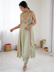 Green Embroidered Straight Kurta Set with Pink Floral Work