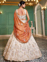Ivory Gold Embroidered Bridal Lehenga Choli with Rust Orange Dupatta