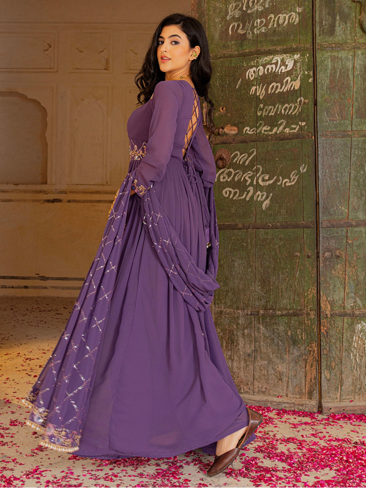 Royal Purple Anarkali Gown with Floral Embroidery and Matching Dupatta