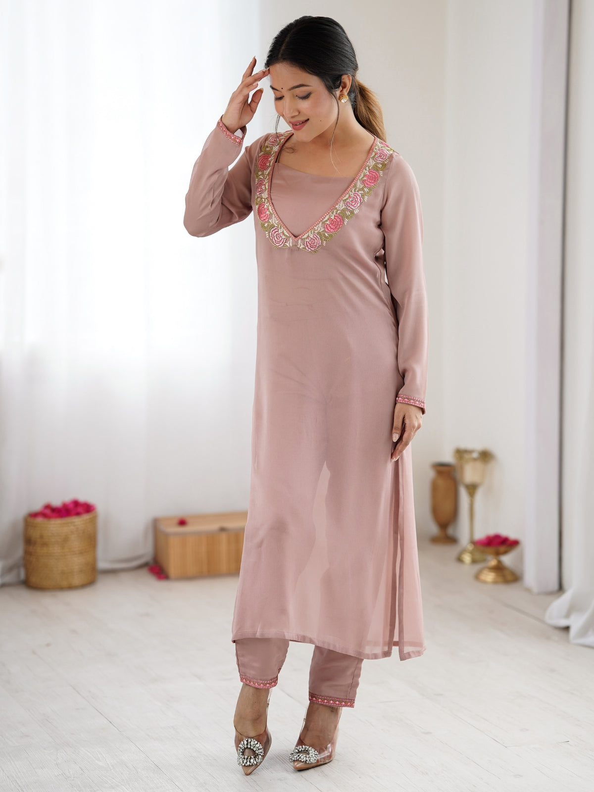 Dusty Pink Embroidered Straight Kurta Pant Set