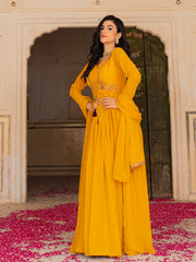 Mustard Yellow Anarkali Gown with Embroidered Waistline and Matching Dupatta