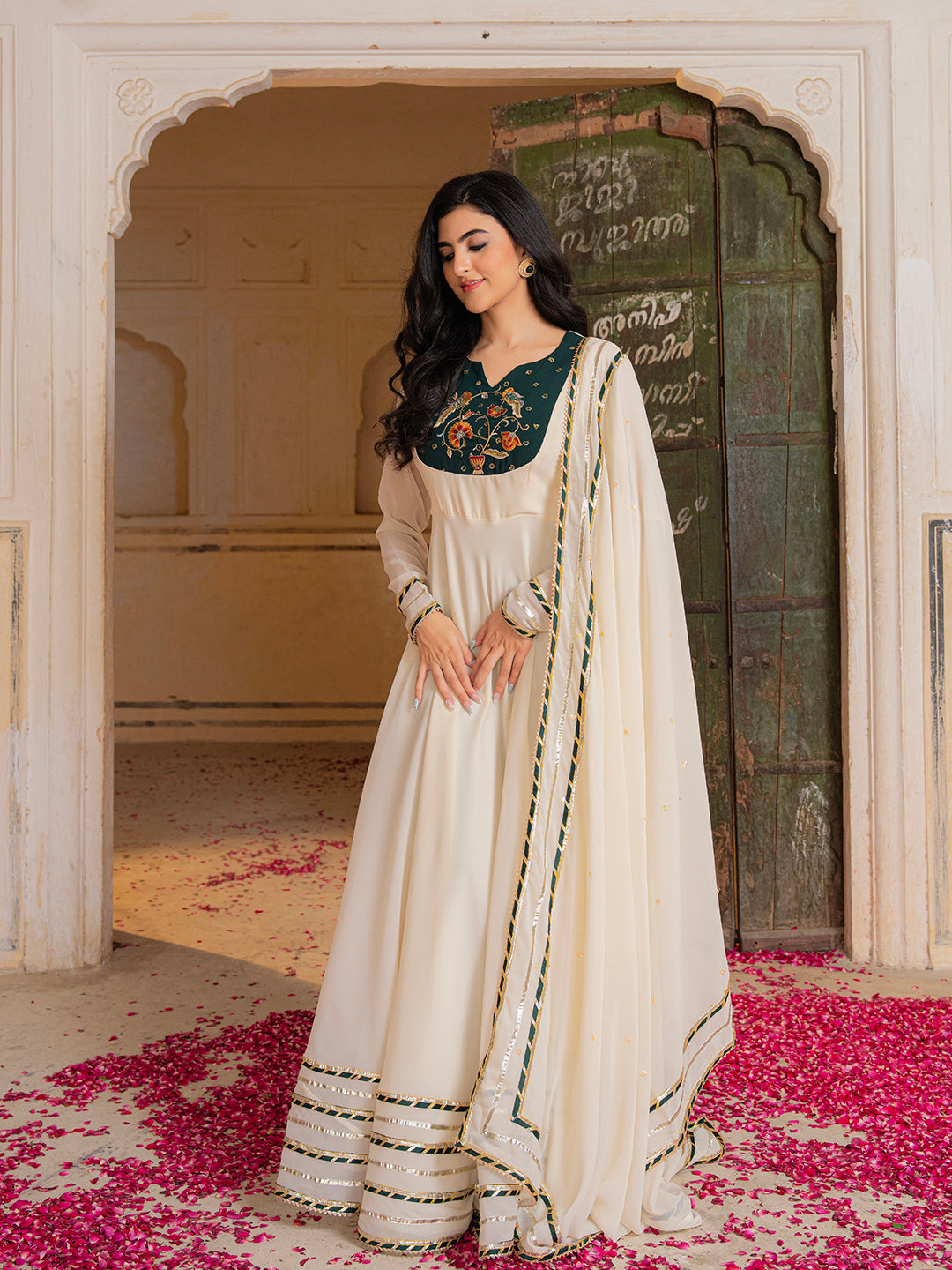 Ivory Georgette Embroidered Anarkali with Dupatta