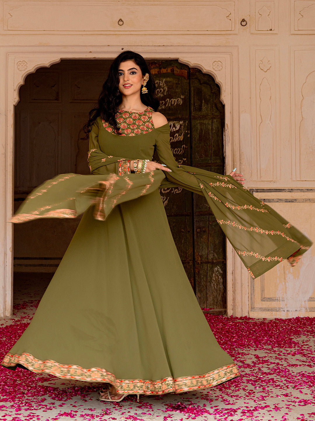 Olive Green Georgette Embroidered Anarkali with Dupatta