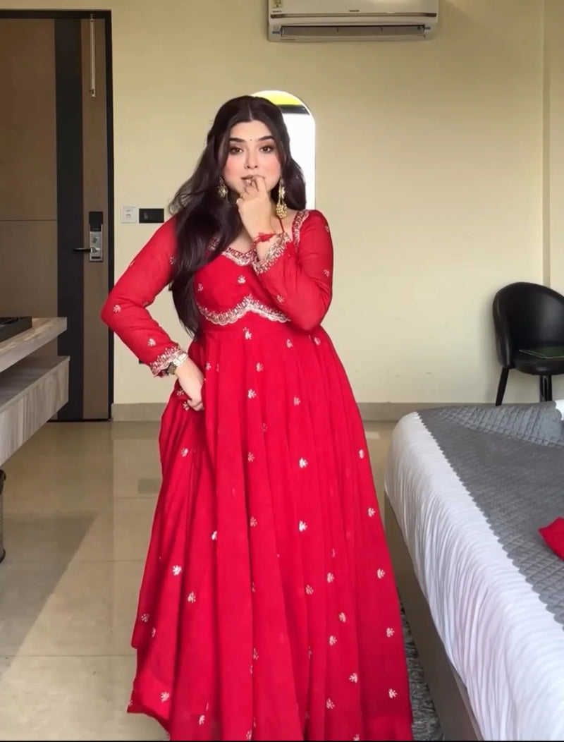 Red Chilli Slit Anarkali Premium Suit Set | Festive & Party Wear