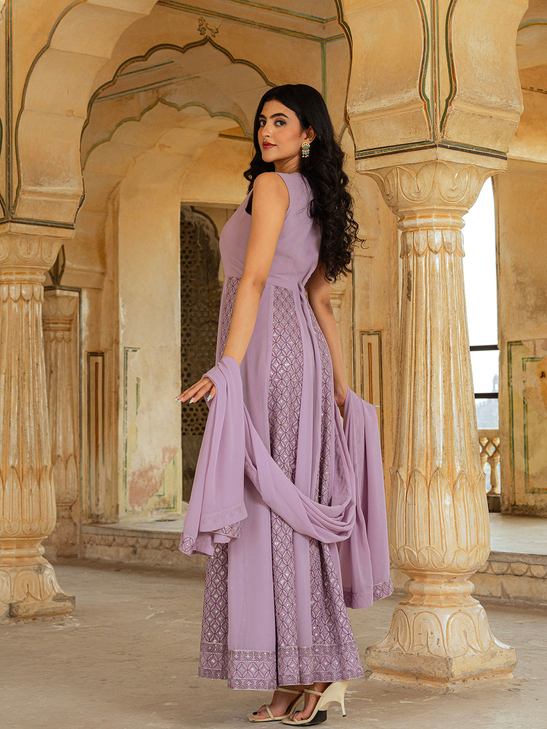 Lilac Georgette Embroidered Anarkali Gown with Dupatta