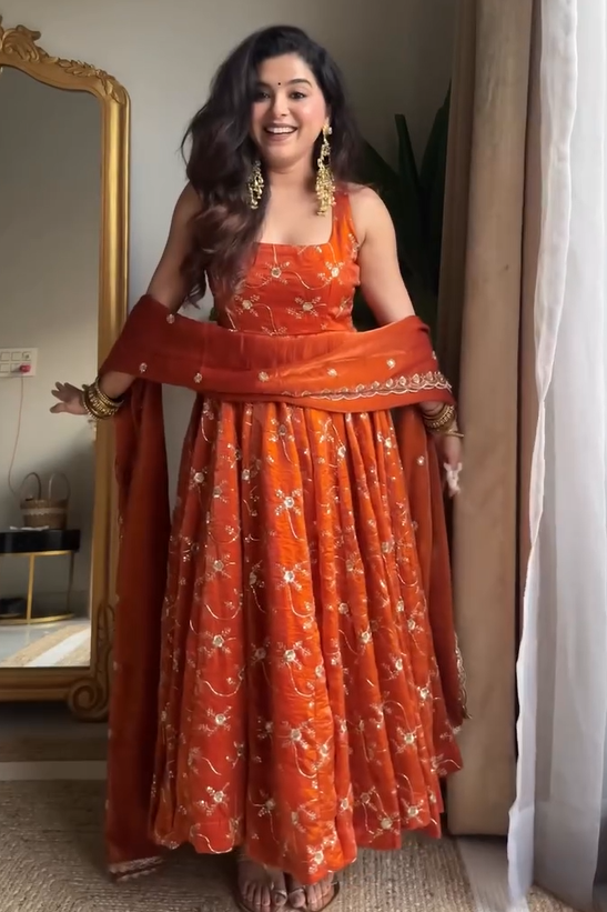 Classy Orange Pure Tissue Silk Anarkali Set with Hand Embroidery