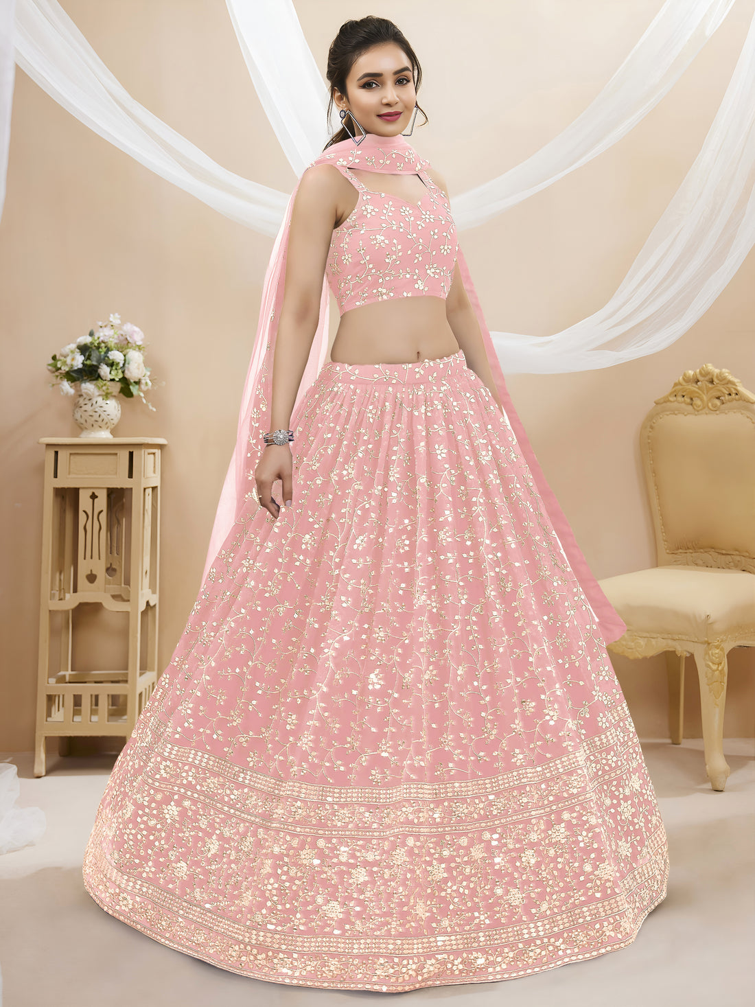 Baby Pink Embroidered Lehenga Choli Set