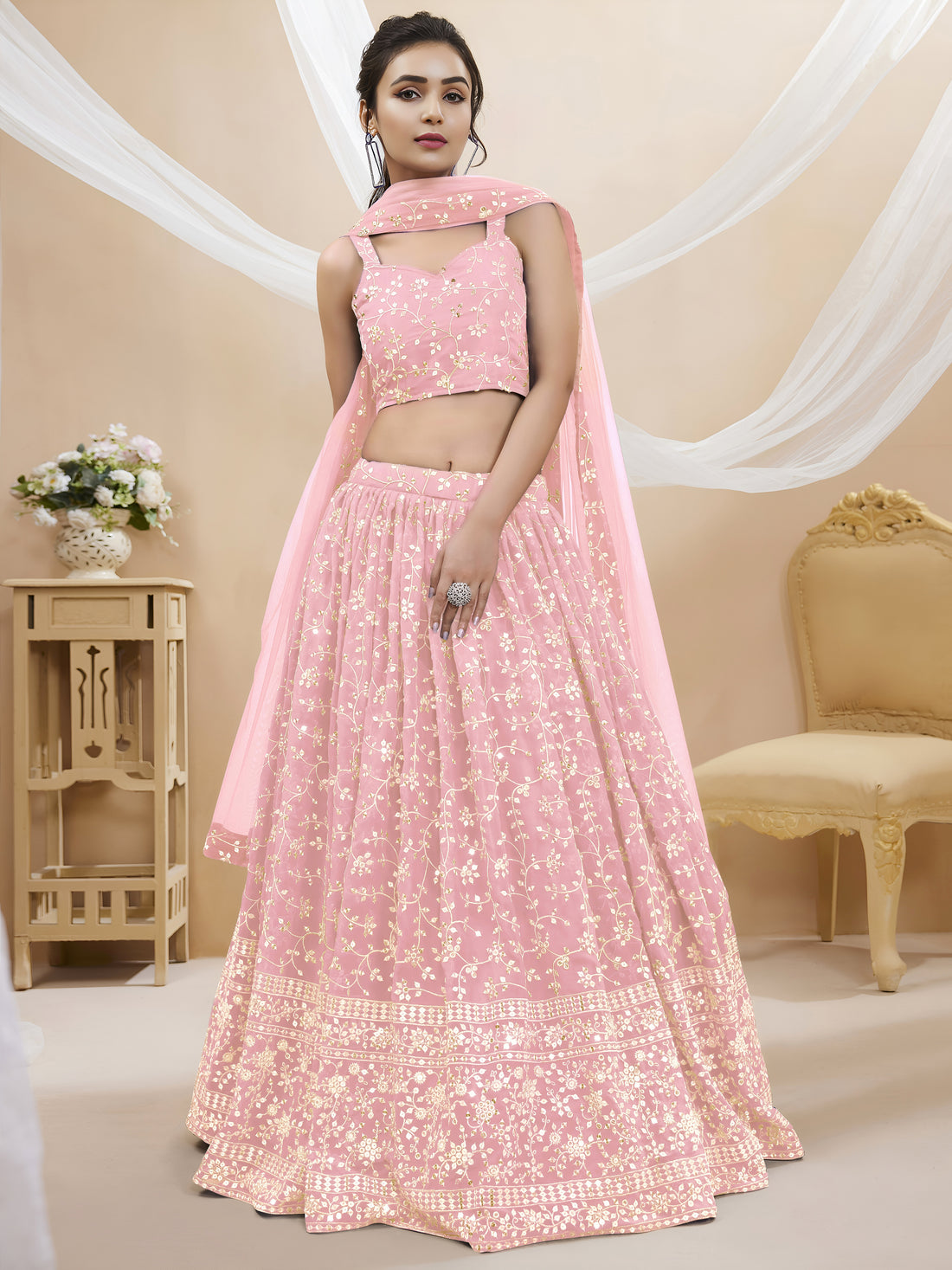 Baby Pink Embroidered Lehenga Choli Set