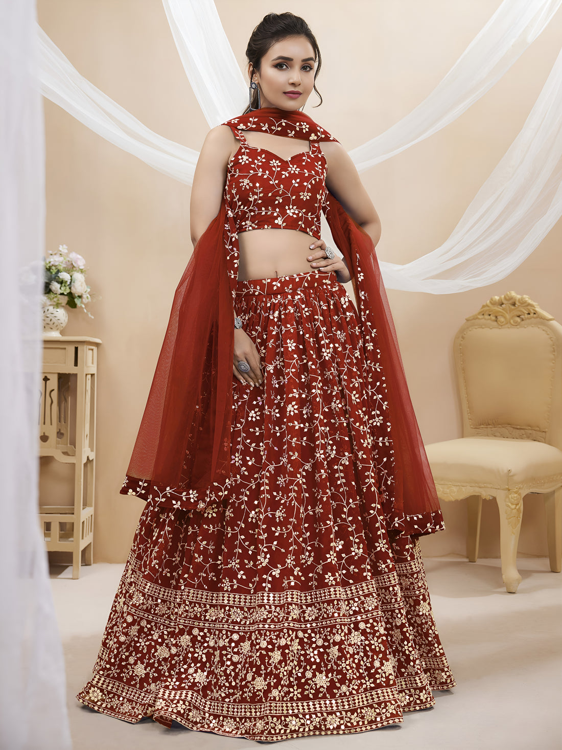 Maroon Embroidered Lehenga Choli with Dupatta Set
