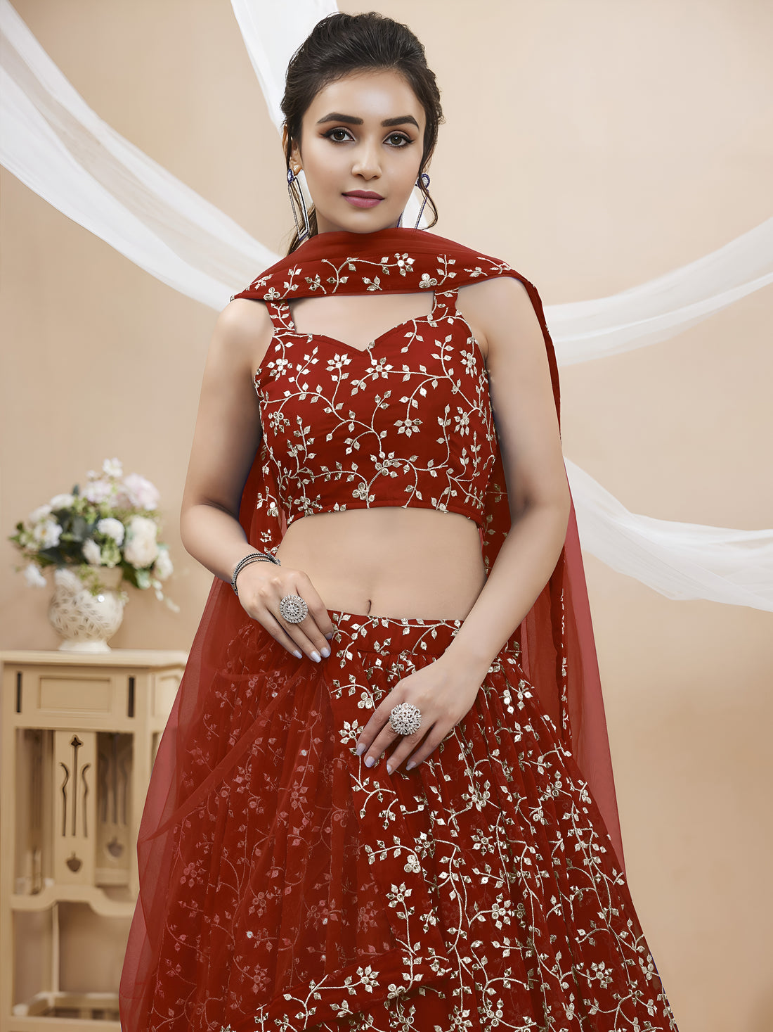 Maroon Embroidered Lehenga Choli with Dupatta Set