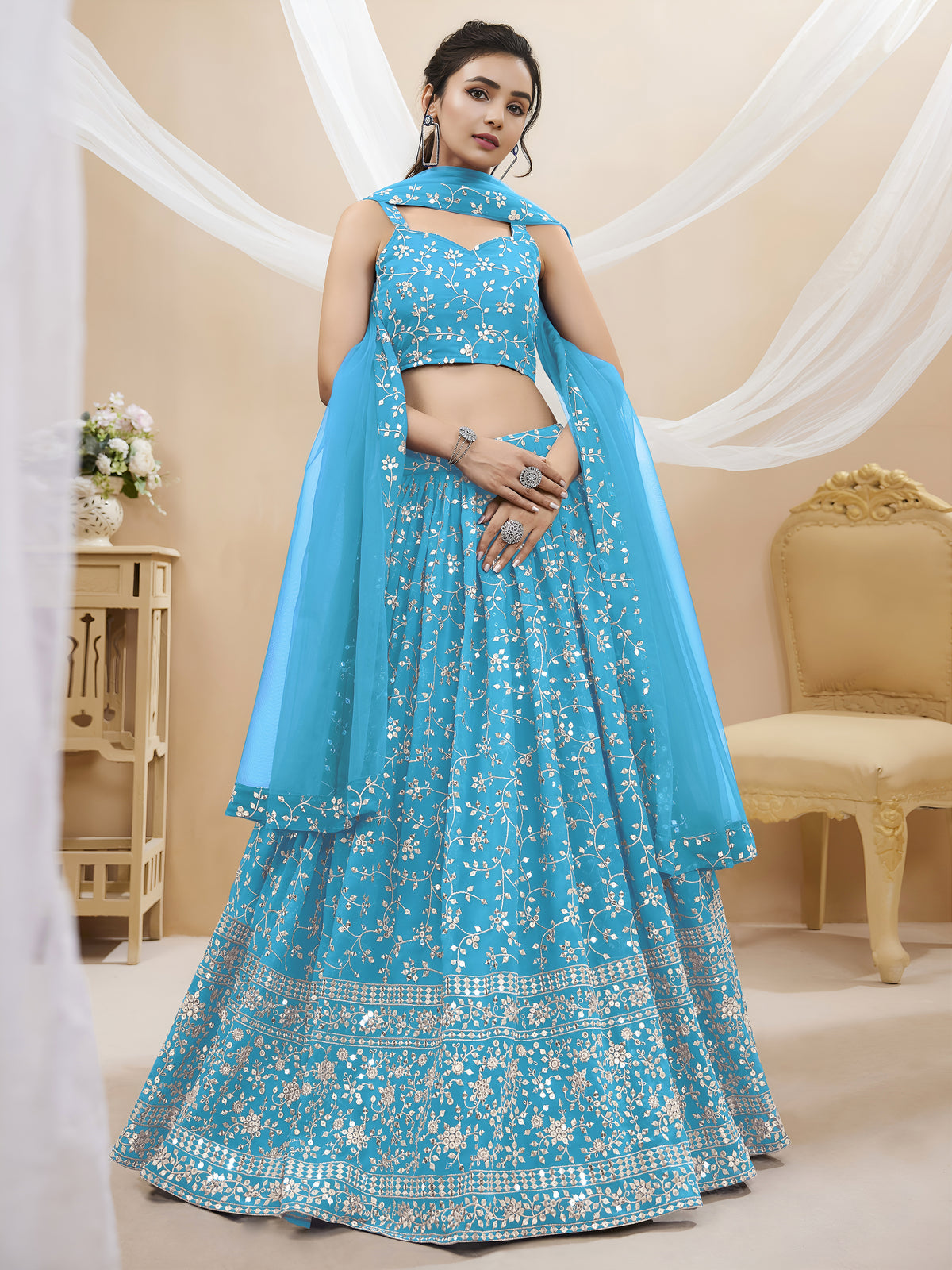 Sky Blue Embroidered Lehenga Choli with Dupatta Set