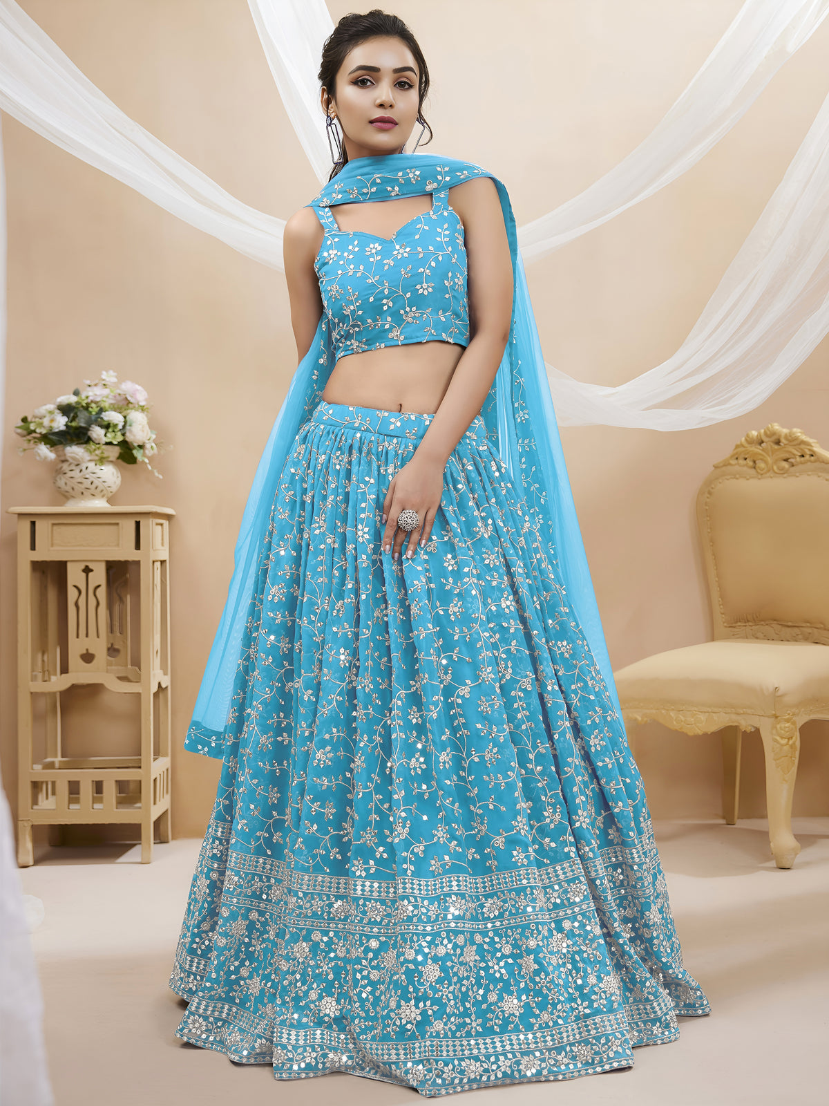 Sky Blue Embroidered Lehenga Choli with Dupatta Set
