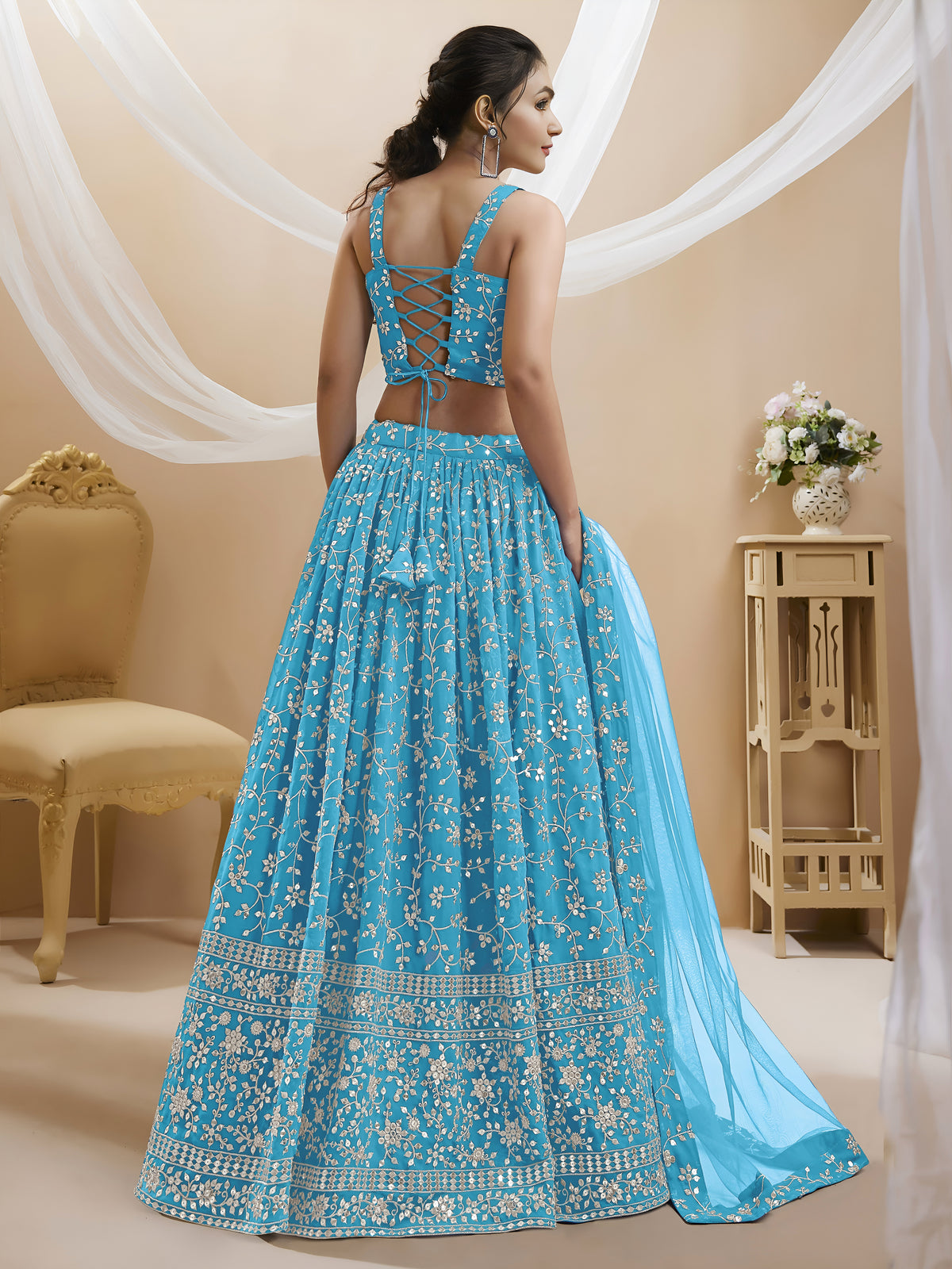 Sky Blue Embroidered Lehenga Choli with Dupatta Set
