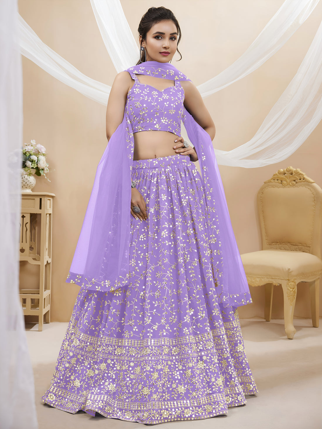 Lavender Embroidered Lehenga Choli with Dupatta Set