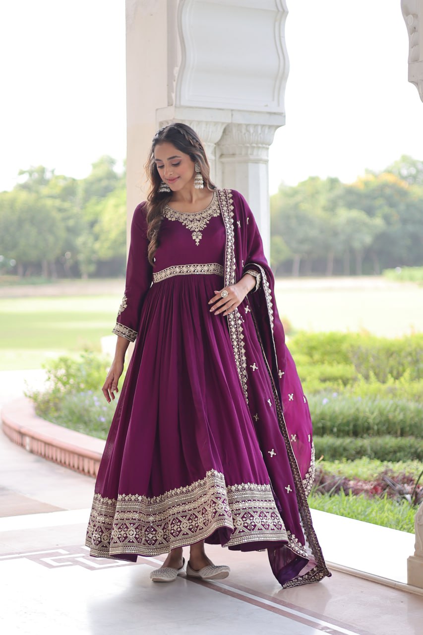 VICHITRA SILK SEQUINS EMBROIDERED GOWN WITH DUPATTA