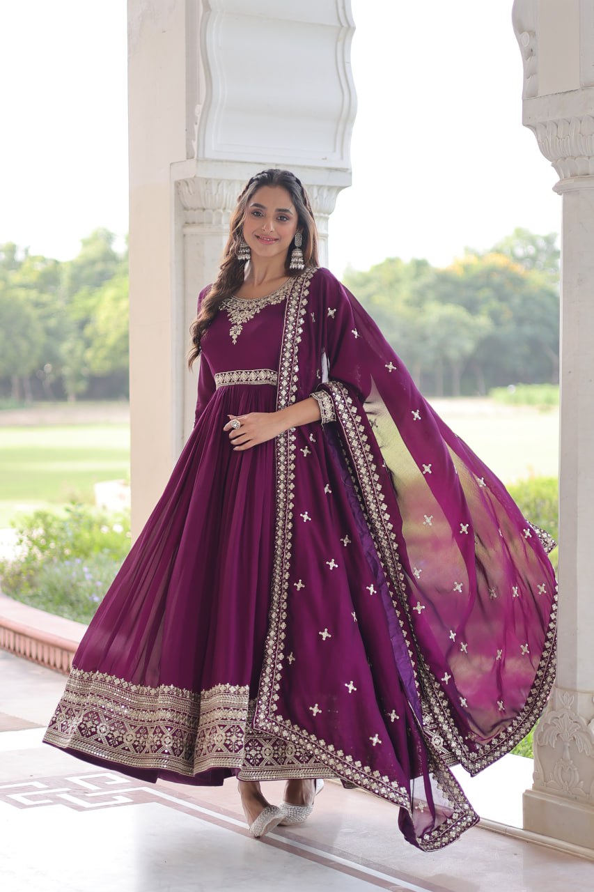 VICHITRA SILK SEQUINS EMBROIDERED GOWN WITH DUPATTA