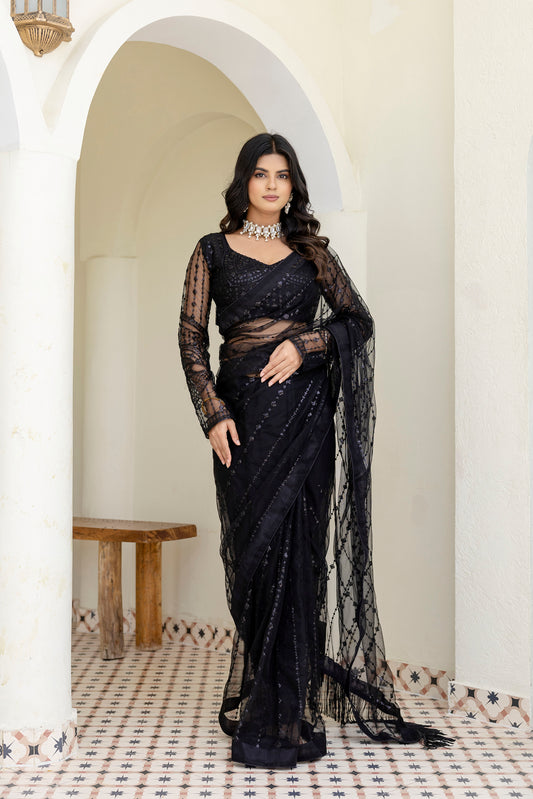 Black Soft Net Sequin Work Party Wear Saree with Full Sleeve Blouse