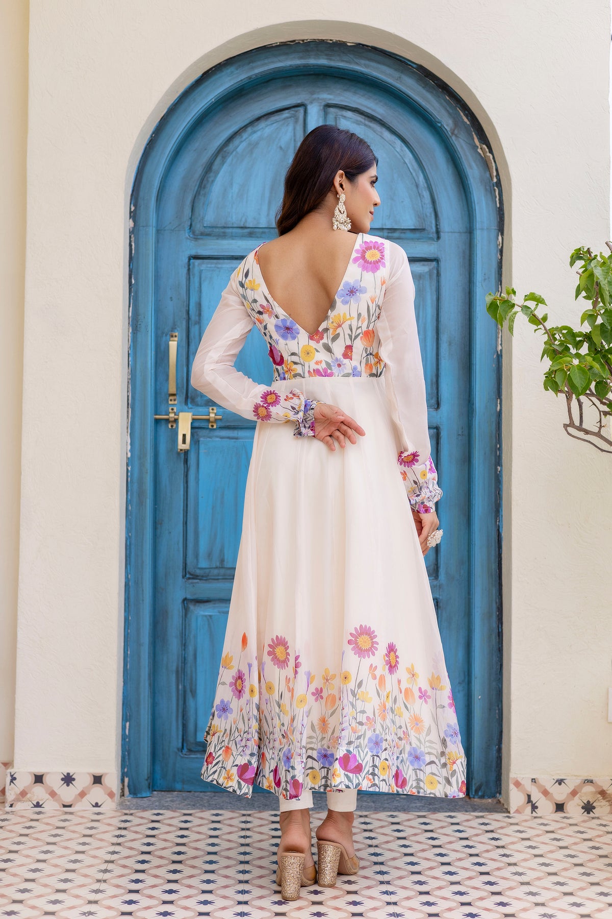 White Floral Printed Anarkali Kurta Set with Pants