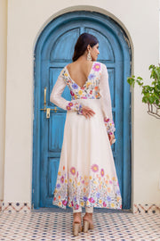 White Floral Printed Anarkali Kurta Set with Pants