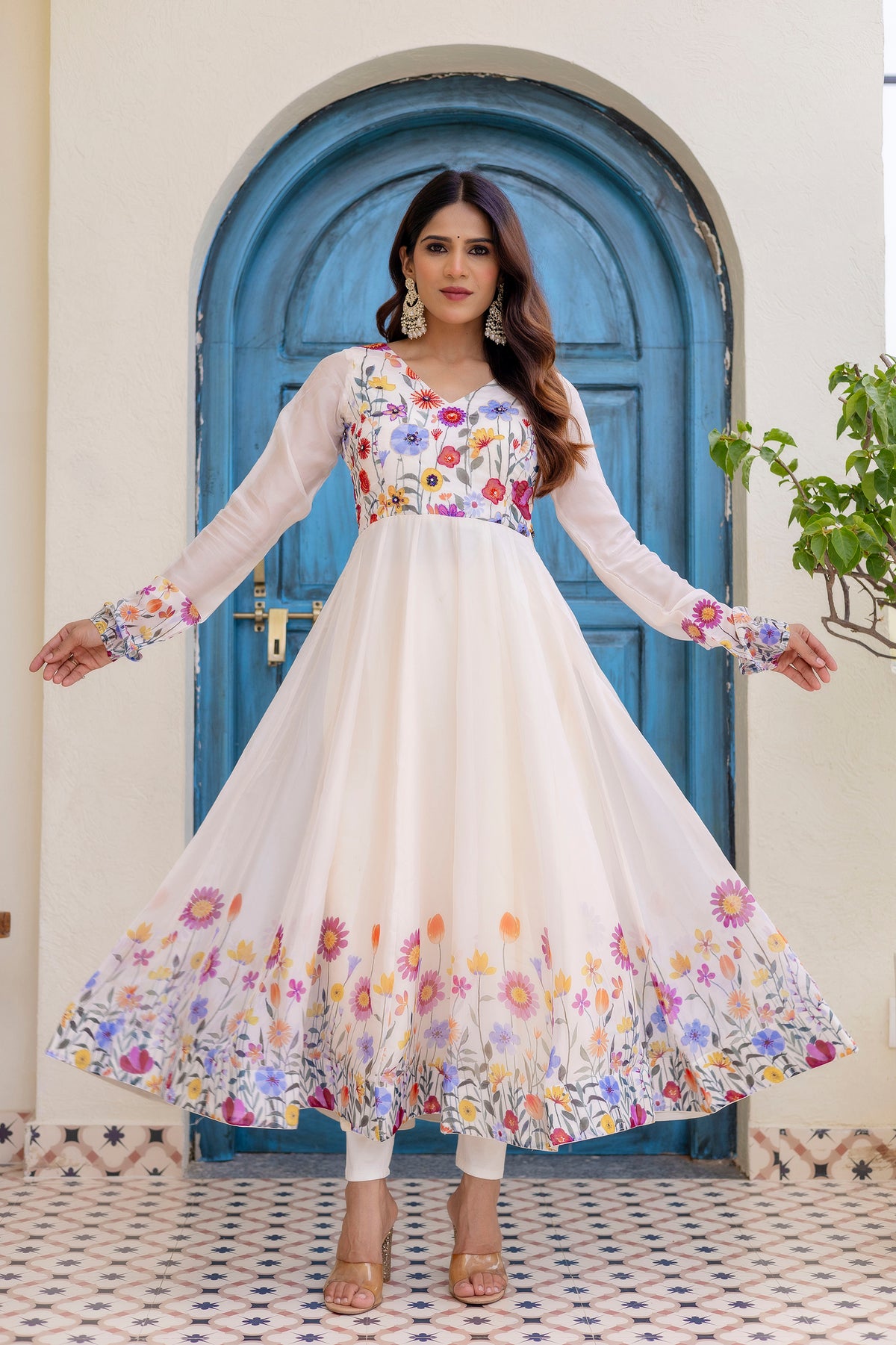 White Floral Printed Anarkali Kurta Set with Pants