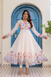 White Floral Printed Anarkali Kurta Set with Pants