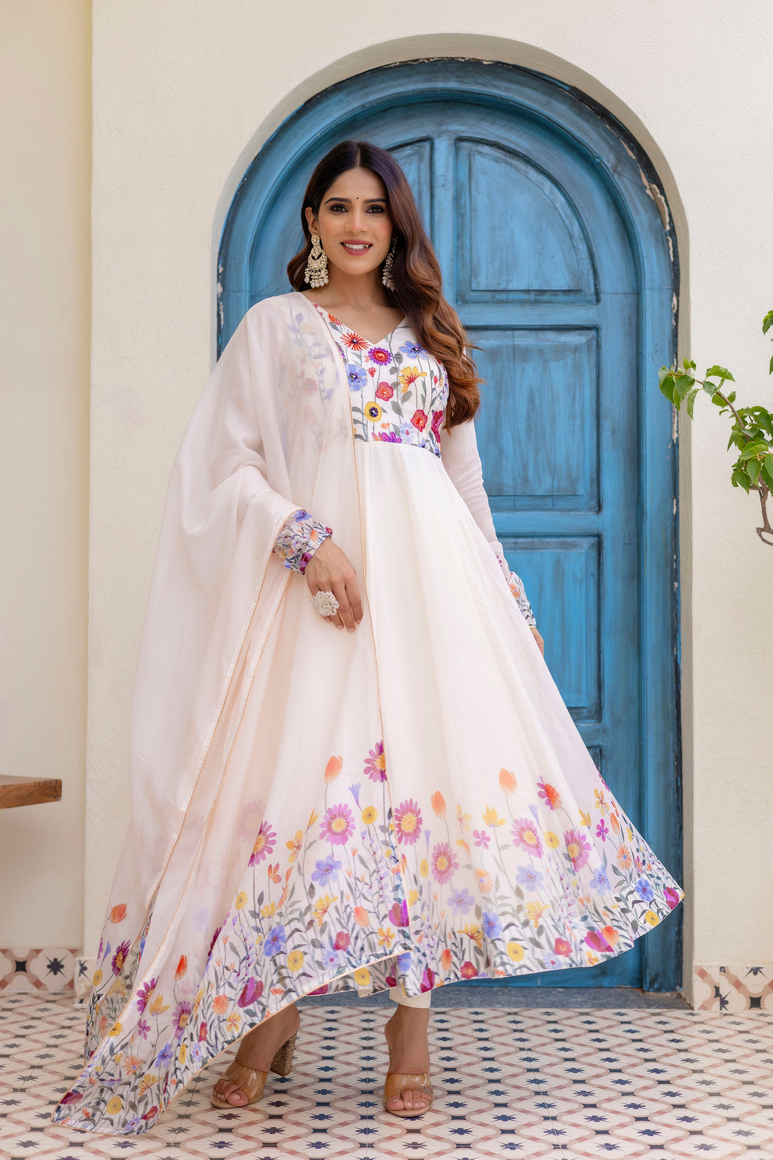 White Floral Printed Anarkali Kurta Set with Pants