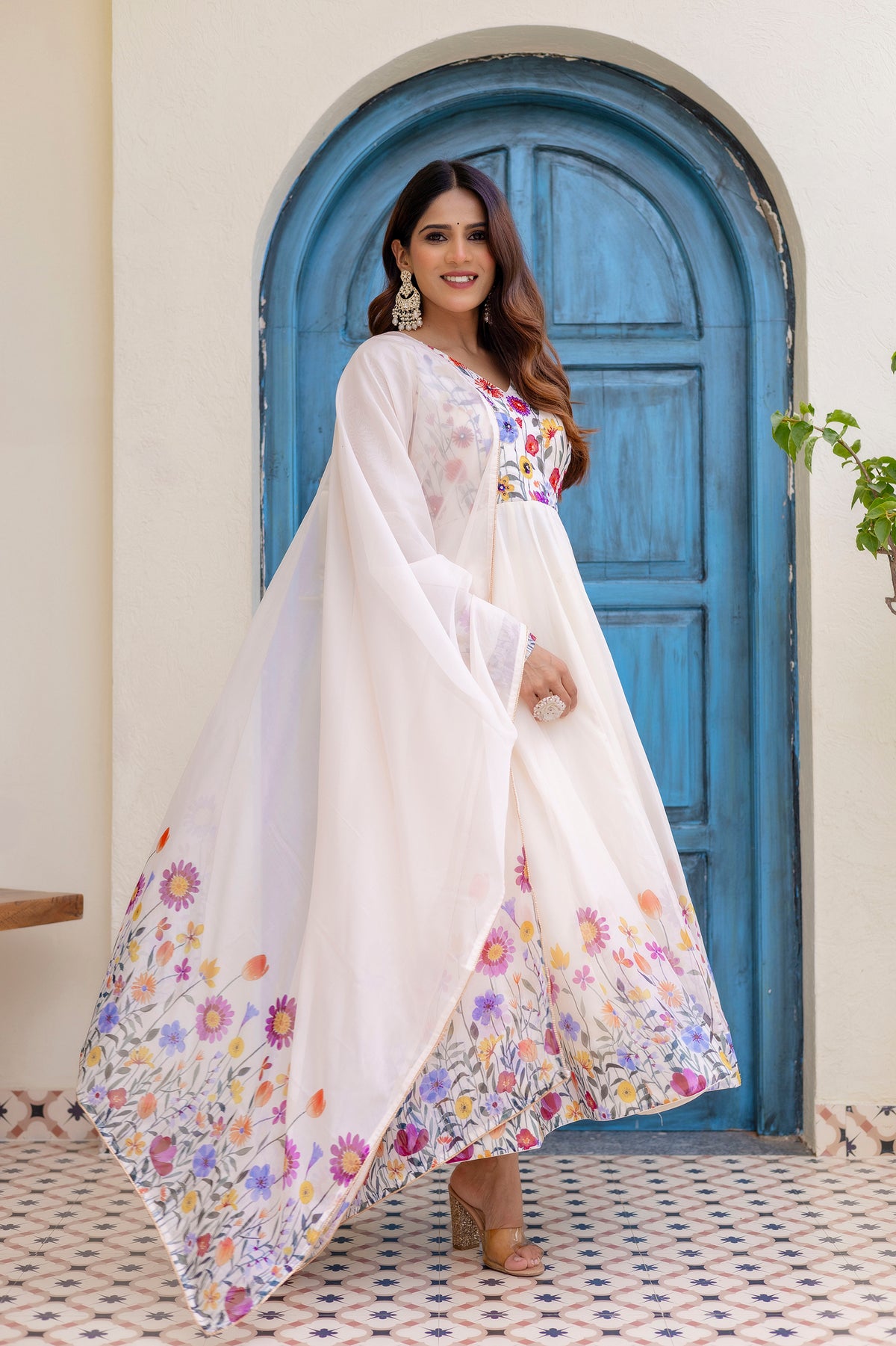 White Floral Printed Anarkali Kurta Set with Pants