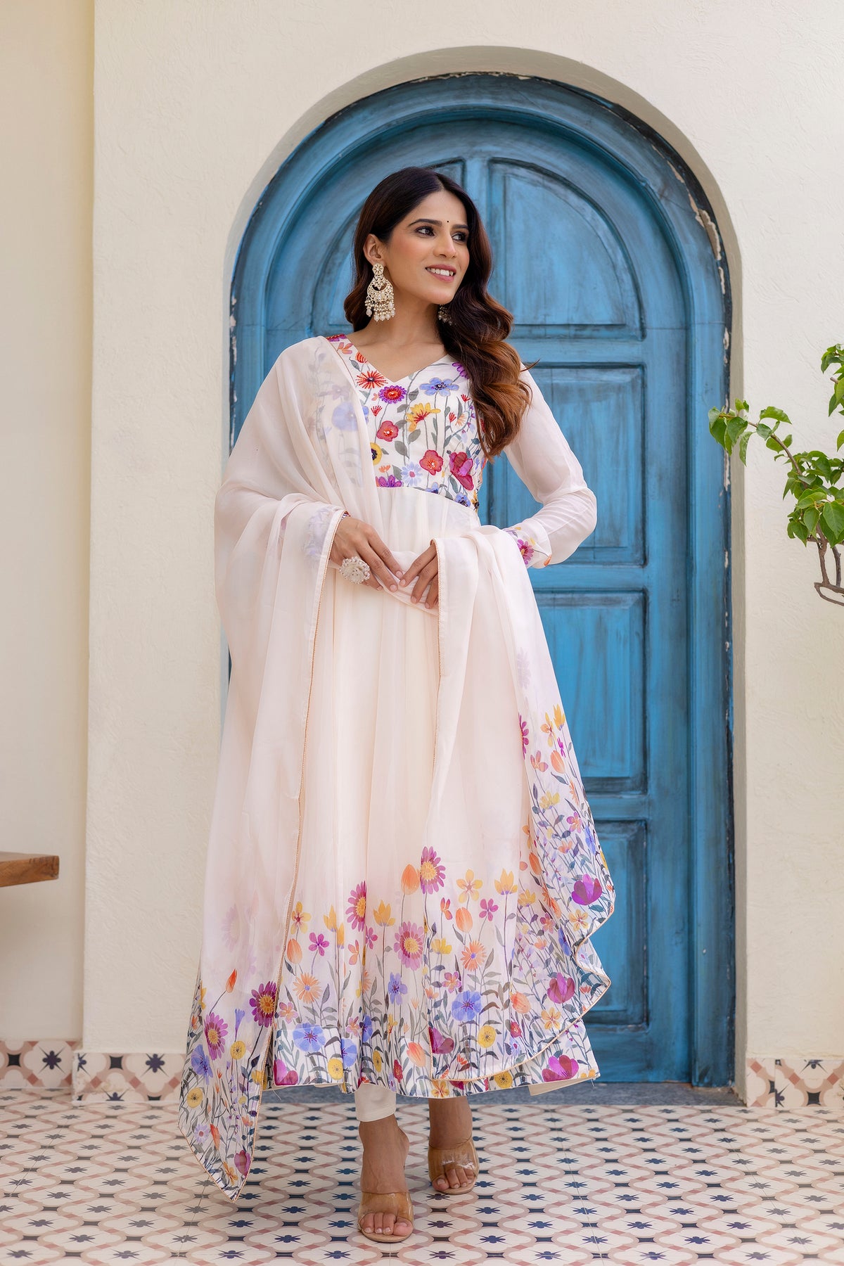 White Floral Printed Anarkali Kurta Set with Pants