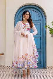 White Floral Printed Anarkali Kurta Set with Pants