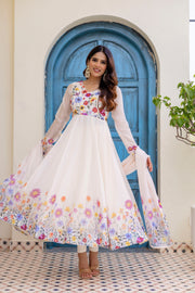 White Floral Printed Anarkali Kurta Set with Pants
