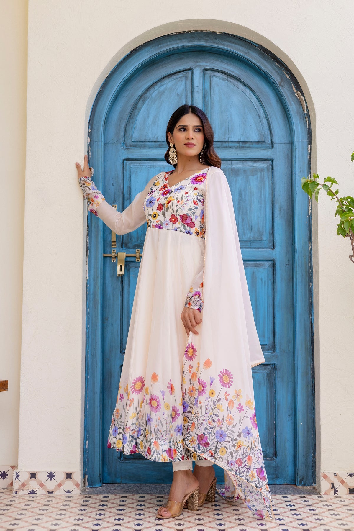 White Floral Printed Anarkali Kurta Set with Pants