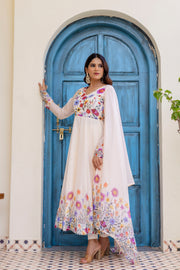 White Floral Printed Anarkali Kurta Set with Pants