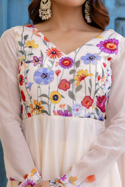 White Floral Printed Anarkali Kurta Set with Pants