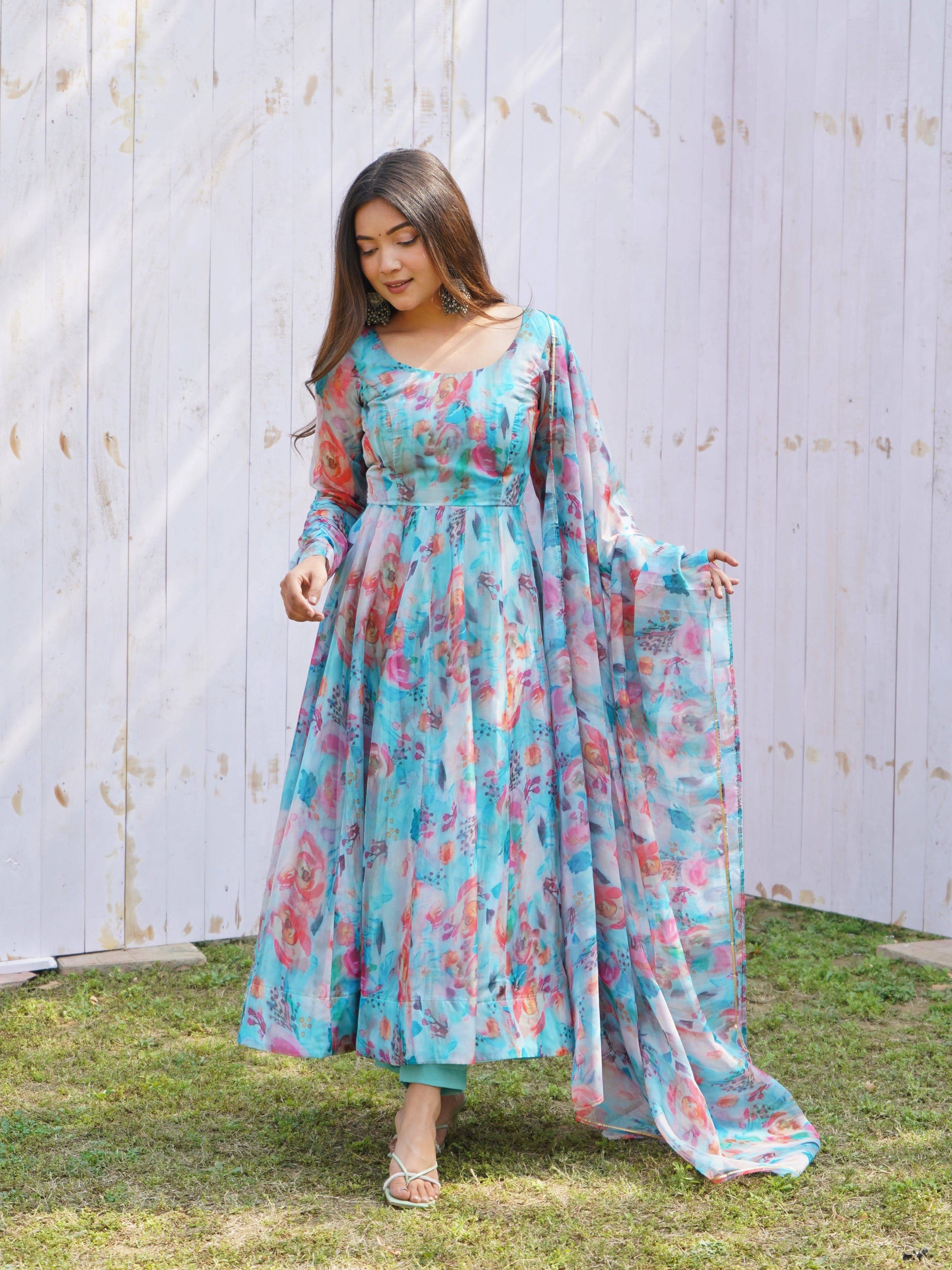 Elegant Soft Organza Silk Floral Designer Anarkali Pant Suit - Ethnicwish