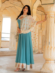 Teal Blue Georgette Embroidered Anarkali Gown with Dupatta
