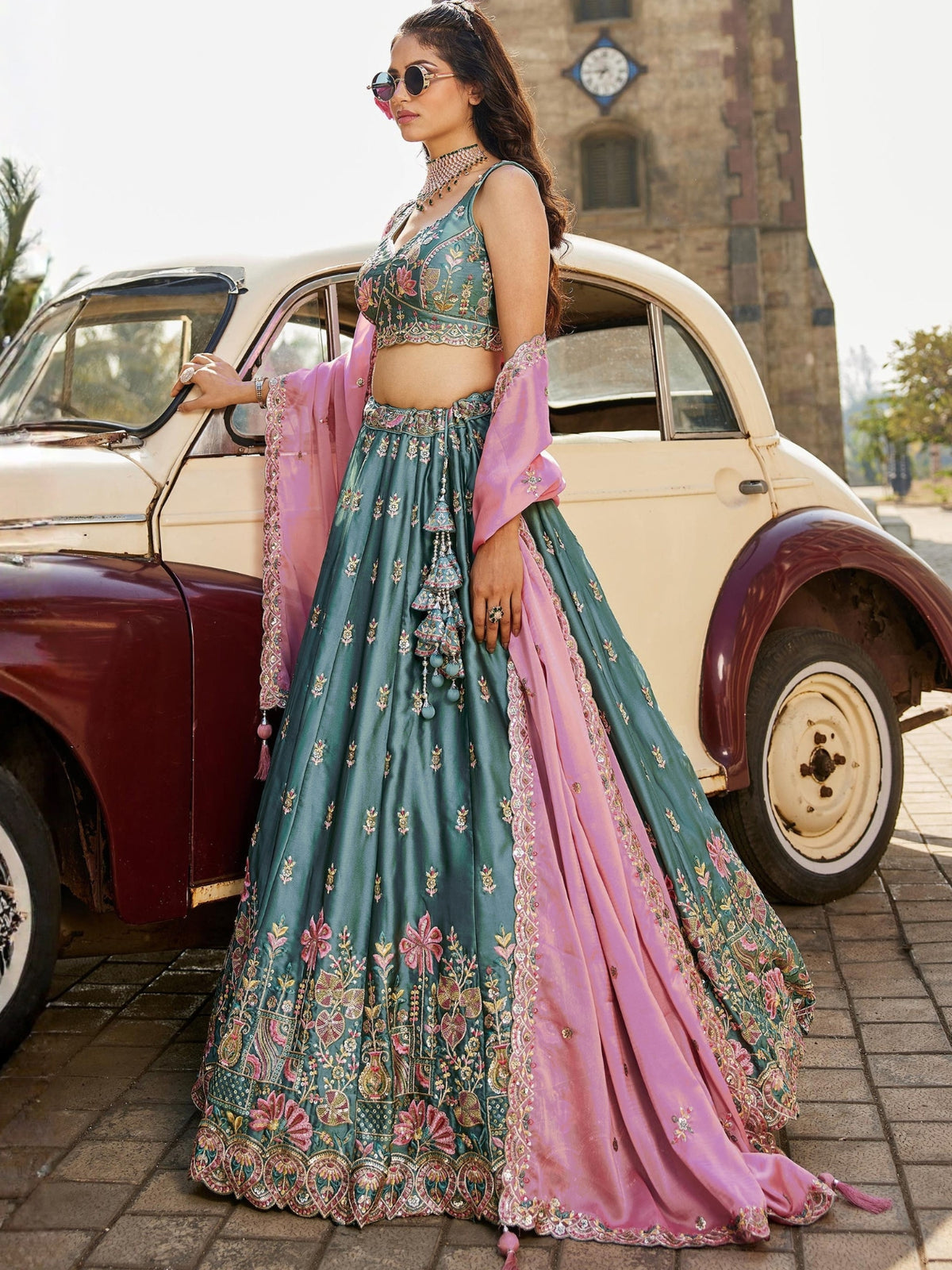 ROYAL TEAL BLUE RANGOLI SILK LEHENGA SET