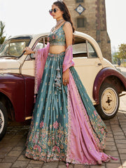 ROYAL TEAL BLUE RANGOLI SILK LEHENGA SET