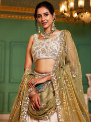 Ivory Gold Embroidered Bridal Lehenga Choli with Olive Green Dupatta