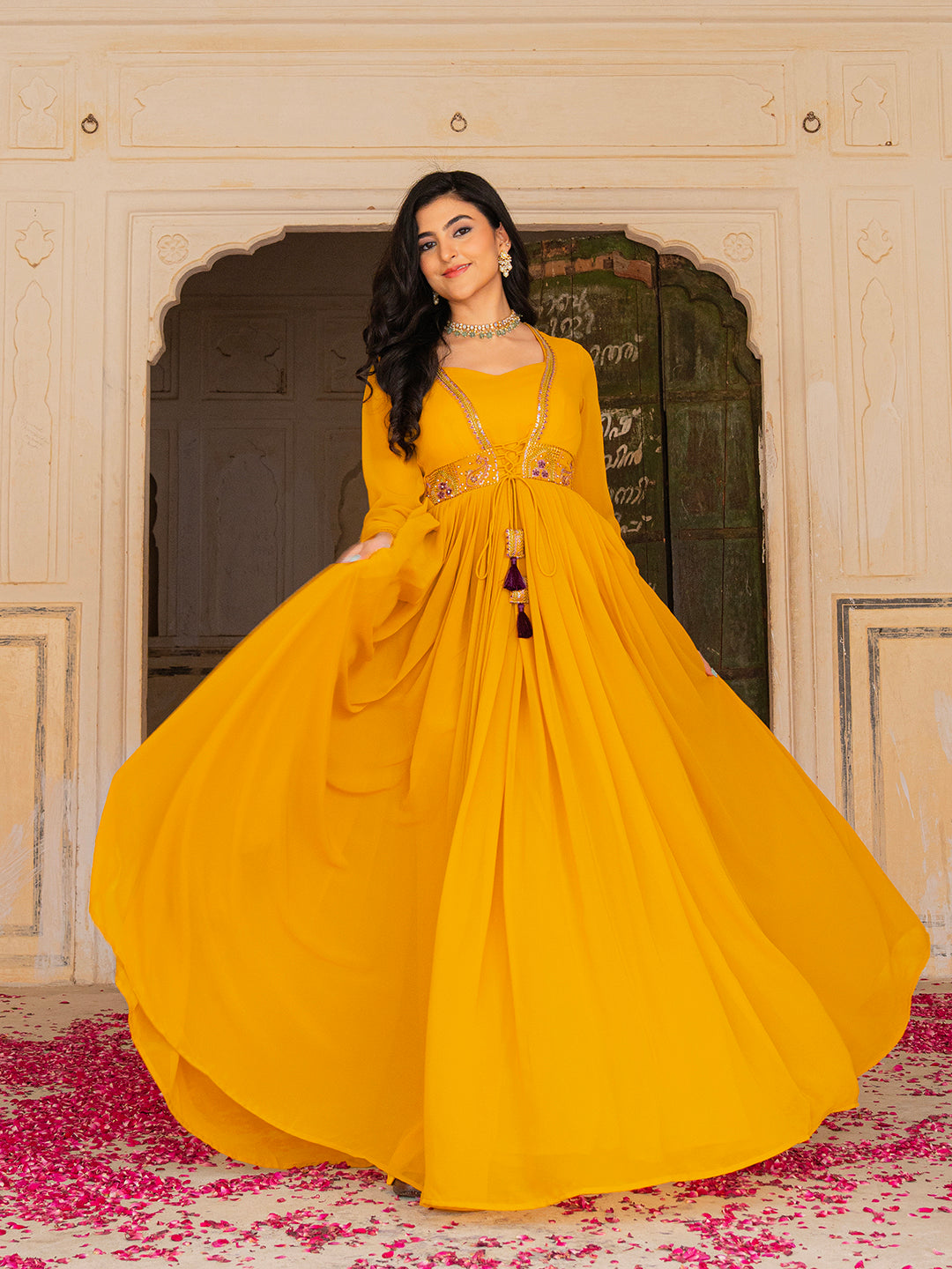 Mustard Yellow Anarkali Gown with Embroidered Waistline and Matching Dupatta