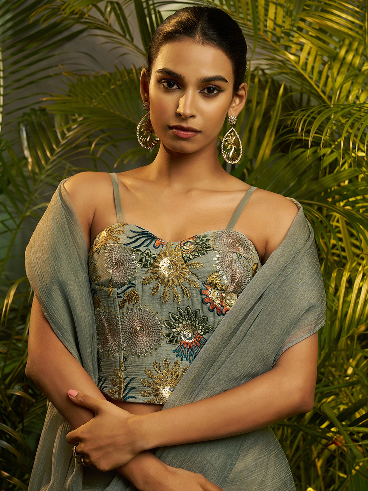 Sage Green Embroidered Saree with Designer Blouse – Elegant Party Wear Collection