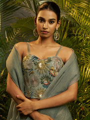 Sage Green Embroidered Saree with Designer Blouse – Elegant Party Wear Collection