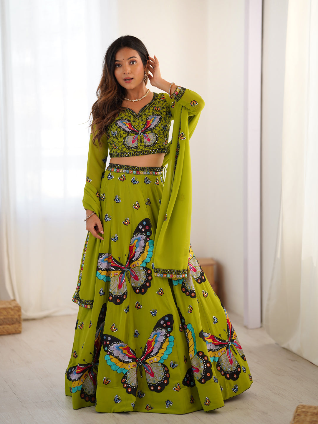 Olive Green Butterfly Print Embroidered Lehenga Choli Set