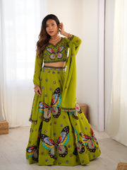 Olive Green Butterfly Print Embroidered Lehenga Choli Set