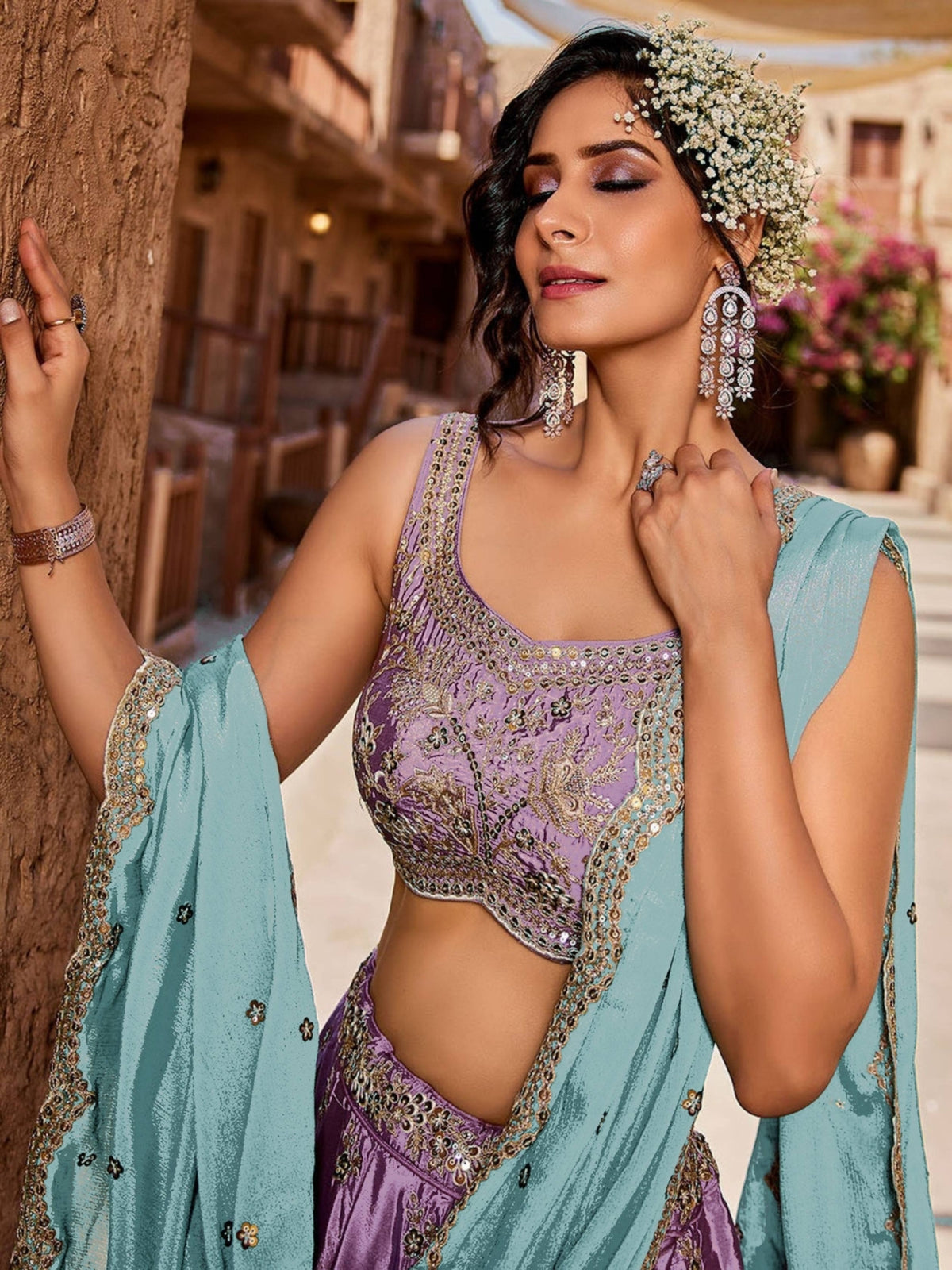 Lavender Embroidered Lehenga Choli with Aqua Blue Dupatta