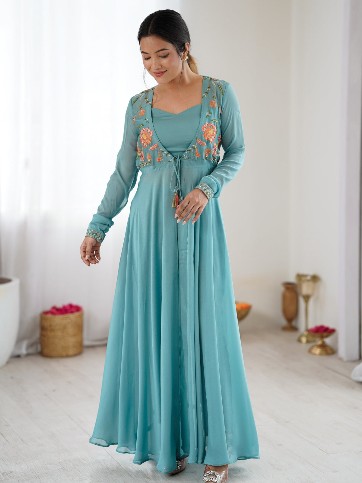 Teal Blue Embroidered Anarkali Gown with Tassel Detailing