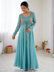Teal Blue Embroidered Anarkali Gown with Tassel Detailing