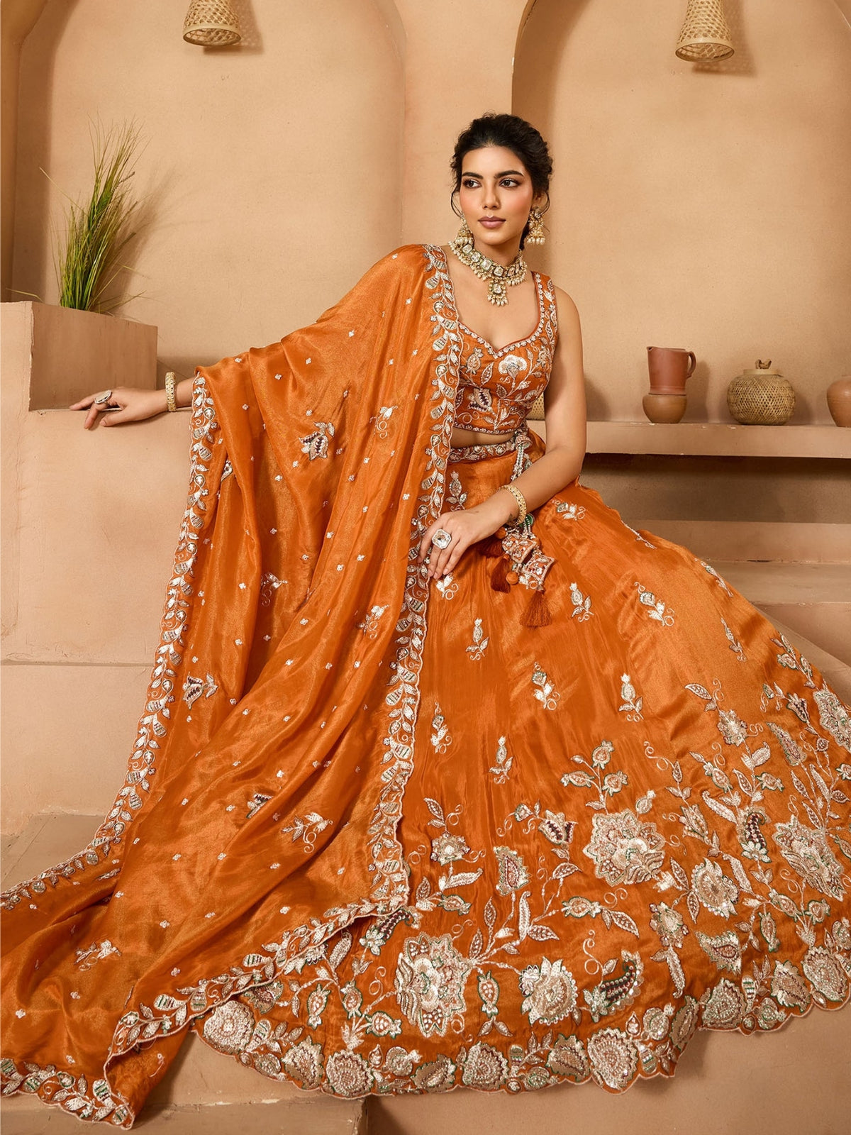 ROYAL ORANGE PURE TISSUE LEHENGA SET