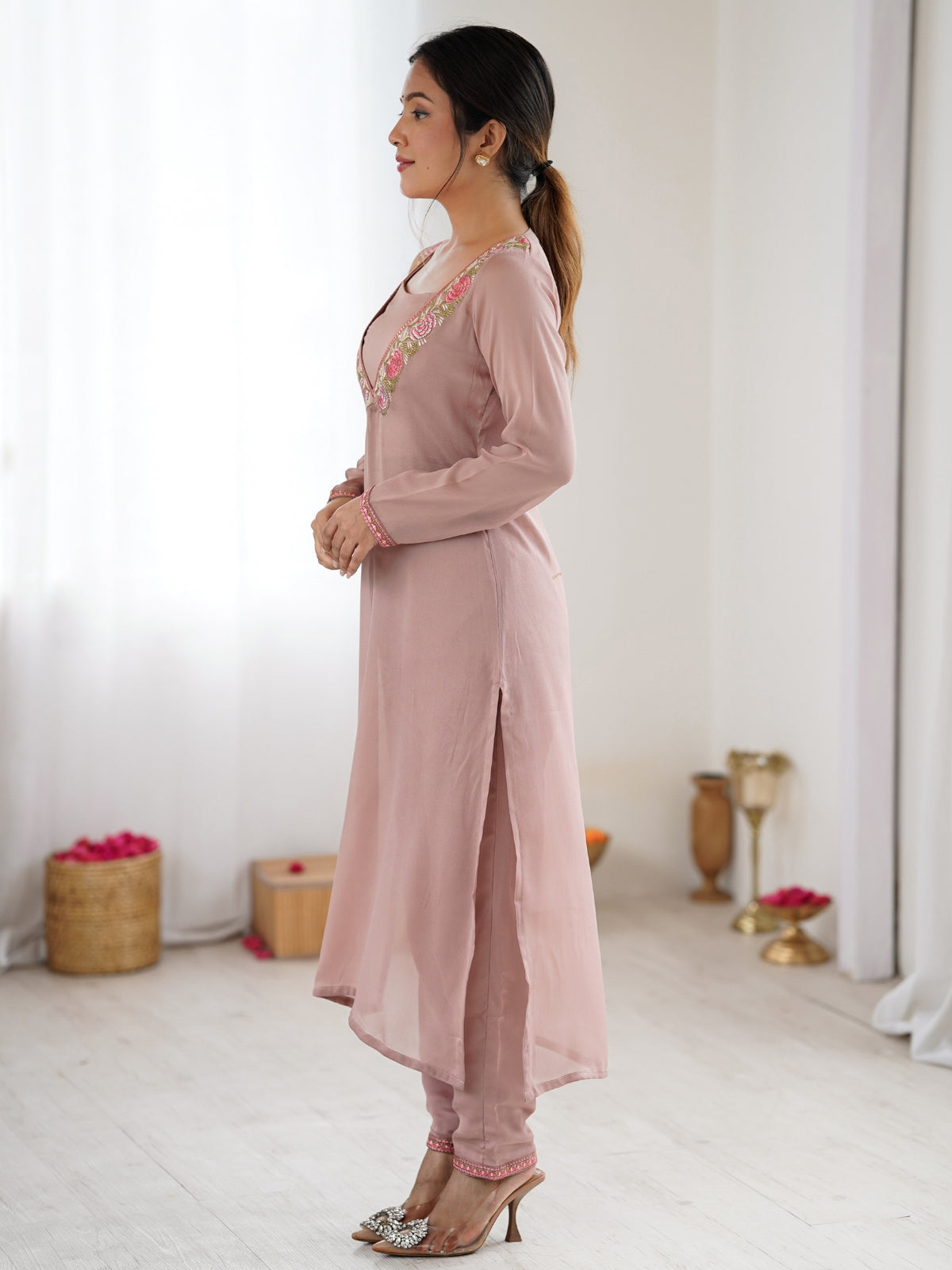 Dusty Pink Embroidered Straight Kurta Pant Set